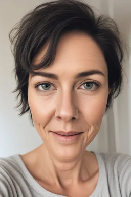 A selfie of a brunette woman with a round face, short hair and small eyes taken at home. showing incredibly beautiful extremely attractive 47-year-old European woman. (She has white skin, tousled black hair, pretty face without makeup, big round brown eyes, cute profiled nose, detailed full lips.)