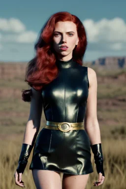 retro portrait image from 1960, sky background, wind, long red hair, fighting stance, sweet young Scarlett Johansson, black dress, classic long tight lycra black suit, gold bracelet and belt, high heel boots, superhero style, soft color, highly detailed, unreal engine 5, ray tracing, RTX, lumen lighting, ultra detail, volumetric lighting, 3d, finely drawn, high definition, high resolution.