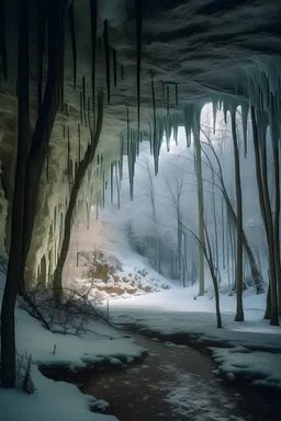 A super high-resolution 2 terapixel photograph of Maquoketa Caves State Park in January. The scene captures the intricate frost formations on the cave entrances and the surrounding trees, with a gentle snowfall adding to the winter wonderland effect. The dim winter light creates a mystical ambiance around the cave formations. Captured with a Nikon Z7 II and a 24-70mm f/2.8 lens, focusing on the serene, frozen beauty of the park.
