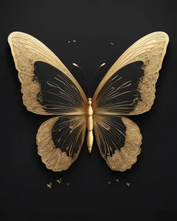 Mesmerizing minimalist illustration features an elegant, meticulously crafted golden butterfly. The simple yet sophisticated design contrasts sharply with a black background. The butterfly's wings exhibit a harmony that shows the artist's mastery in fusing typography and visual art. This striking piece radiates a sense of refined elegance and sophistication, captivating the viewer's attention with its subtle complexity.