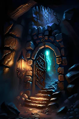 Iron entryway to a mine dungeon at night fantasy rpg painterly art