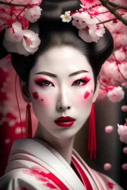 beautiful geisha with sensual eyes with a cherry blossom background