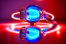 an even and symmetrical coiled tube coloured from blue to red and light bulb placed next to it shining gentle rays of light onto the coil