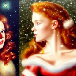 young Cintia Dicker and teen Robyn Lively, beautiful faces, meticulously detailed red hair; Christmas sleigh, horses; ethereal fantasy maximalist matte painting. Hues of Christmas. Hideo Kojima. realistic oil painting. Victorian era portrait painting, snowflakes, holly, pinecones, old fashioned, vintage, antique, beautiful, renaissance, 16k