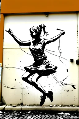 having fun dancing young woman drawing banksy