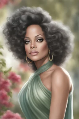 Coloring Page, Diana Ross fine featured, Beautiful Woman, Mixed Race, in Style of Charles Bowater & Thomas Kinkade combined, digital illustration with beautiful eyes, and full curly wavy hair, very long eyelashes, coloring page flawless line art. No Color