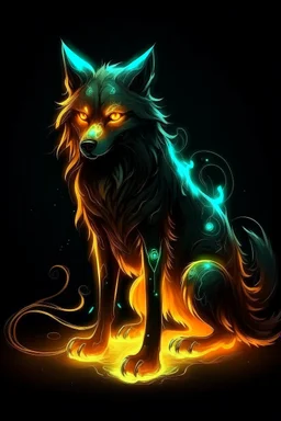 Super cool glowing a spiritual elemental canine with mencaing glowing eyes In a dark room. It sits alone staring deeply into the screen, it has a painted-anime style.