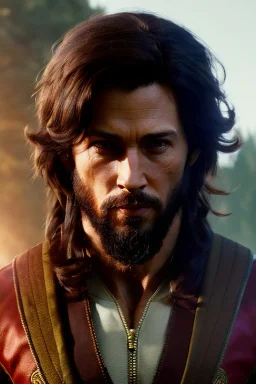 Human Male Druid character, muscular, brown hair, long hair, wild hair, yellow eyes, scars on body, waist up portrait, 4k resolution, intricate details, ornate details, soft lighting, vibrant colors, retroanime, masterpiece, natural background, realistic