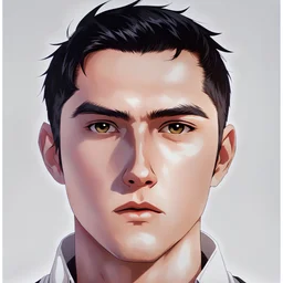 mysterious youthful Russan male, man,A man's face, dark and intriguing, confident, intense, handsome, anime style, retroanime style, cool style, dark black short hairs, Caesar cut style hairs, white shirt, white paint background, white man, black brown eyes, middle lips, A small smile, The head looks straight ahead