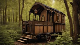 Gothic Two-story, wooden gipsy caravan on a pathway in dense woodland