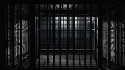 close up parallel prison window bars in foreground, dark prison cell behind them, hidden dark human face partially visible through the window bars, pale light, shadows in background, ultra realistic, dark atmosphere, high contrast shadows, dark vibe