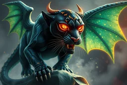 A panther with shimmering dragon scary ,cool wings