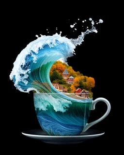 .double exposure: a wave splashes out of a cup with an autumn fairy-tale landscape of a village 3d, landscape in a cup, surrealism, magic, fantasy art, black background