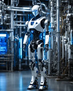 A full body photograph of a humanoid robot walking against a background that looks like the interior of a factory or laboratory. The robot has a beautiful face, white hair, and a body made of metallic chrome with complex mechanical details. The background features blue-lit pipes and metallic structures, with dramatic lighting highlighting the robot's intricate design.