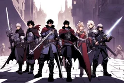 [wii No More Heroes style] a group of mystic adventurer with medieval weapons in the street of a cryptic version of mega city one