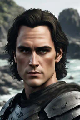 A portrait of Joaquin Phoenix in his early 30s, long beachy haircut, black hair, on a rocky island, in ebony armor from Skyrim, melancholic and dangerous facial expression, half-smiling, in the style of Genndy Tartakovsky cartoons