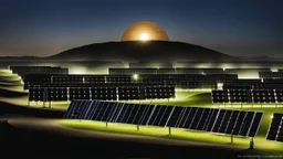 photo from special circular and columnar and abstract shaped solar panels, this solar power plants, solar energy panels stand in rows in a semi-desert, semi green planted futuristic ​​special landscape, in the foreground of the picture, stands on a hill a dark silhouette of a short-haired woman and looking up at the sun, in the distance in background is the metallic dome of a solar power plant glitters,the light blue-white sky shows a glowing sun. high detailed, sharp focus, masterpiece