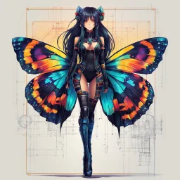 full body portrait illustration , long hair, with detailed blueprints and engineering schematics of a walking hybrid Madagascan sunset moth insect girl, in anime style, with highly detailed facial features, drawings, 8k, vibrant natural colors, tight bodysuit, white skin