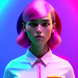 waitress teenager, rounded face, pink hair, flushed cheeks, striped shirt, neon ambient light, vibrant color, pop style, highly detailed, art stations, concept art, smooth, unreal engine 5, god rays, ray tracing, RTX, lumen lighting, ultra detail, volumetric lighting, 3d, finely drawn, high definition, high resolution, gradient background