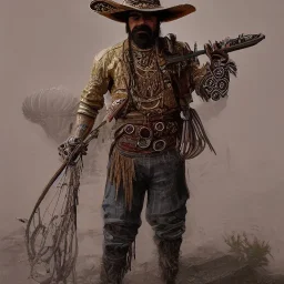 Insanely detailed photograph of an “ a mustachioed cowboy warrior ” with detailed Sombrero, intricate charo,cigar,crossbow in hand, hyperdetailed painting by Ismail Inceoglu Huang Guangjian and Dan Witz CGSociety ZBrush Central fantasy art album cover art,8K, hdr, mysterious, flickeringlights ,Stoic