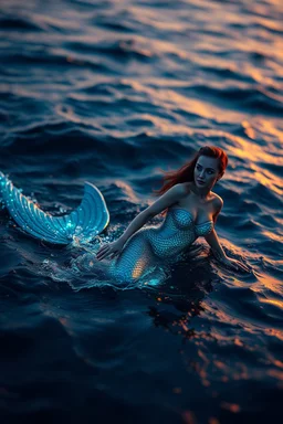 Ultra realistic photo mermaid in full size swim rough colored big ocean at sunset time concept ,full size, science, technology,future,electric ,futuristic style, design, practicality,manufacturability,performance, performance, HOF, professional photographer, captured with professional DSLR camera, trending on Artstation, 64k, full size, ultra detailed, ultra accurate detailed, bokeh lighting, surrealism, background,(((realism, realistic, realphoto, photography, portrait, , realistic, beautiful,