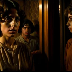 Strong texture, photorealism, Caravaggio. Italian interior. Surreal, eerily mysterious, pastel colors. Italian horror, Dario Argento. Humid. People talking. Movie shot. 1970's Italian art. 33mm photography