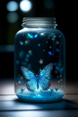 A light blue butterfly in a jar of stars