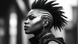 minimal profile of a female African cyberpunk wizard with a striking mohawk hairstyle and intricate shaved patterns on the side of their head, wearing a black and white horizontal thin striped shirt. The background is a blurred, high-contrast mix of black and white lines, suggesting motion and urban settings; overheat, dramatic, cinematic, sudden jolt dynamics, great parallels, great reflections, unsettling shadows, surreal futurist architecture art, surreal liminal space, tribal style,