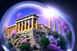 Acropolis of Athens , 8k resolution holographic astral cosmic illustration mixed media by Pablo Amaringoe captured inside a big snow crystal ball. unreal engine 5, 24mm , deep colours , blue , white ,gold ,pink cherry blossom, green bonsai trees ,