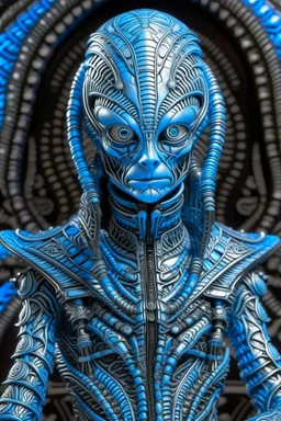 A beautiful alien with big eyes and small nose and mouth wearing a bioluminescense light blue zafír wearing biomechanical amalgamation style leather jacket dress ribbed with silver floral metallic filigree biomechanical vantablack pattern, organic bio spinal ribbed detail of gothic winter backround extremely detailed maximalist hyperrealistic portrait art