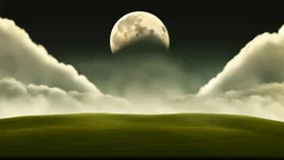 giant virtual moon, maximum quality, centered on frame, far view, in the middle of a grassy hill, white sky with cumulonimbus