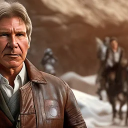 8k hyperspace background,complete and photo realistic detailed head to waist stunning, extrem photo realistic portrait of harrison ford as han solo in star wars with short lenght, photo realistic hair, brown eyes, professional majestic photo realistic painting by drew struzan, Antonio Moro, trending on artstation, Intricate, Sharp focus, rough skin,space outfit