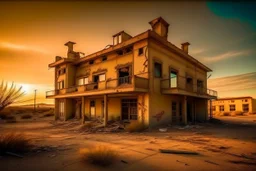 abandoned hotel, near road, desert places, warm colors, huge broken luminous on the roof