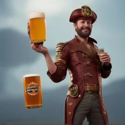 Ein Captain der Captain cidra heisst. Er hält ein Bier in der Hand. Er steht vor einem piratenschiff. Im Hintergrund sieht man Zitrusfrüchte