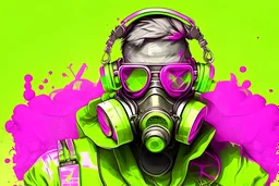 draw gas masked scientist with headphones and goggles. put a diamond necklace on him and make the theme yellow and green, background pink