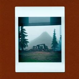 A polaroid photo of an odd room with structures. A transparent tarpaulin covers an image resembling a ruined building. There is a group of fir trees in the background and a high hill in the distance. The surface below is in a pastel color. Fog is present.