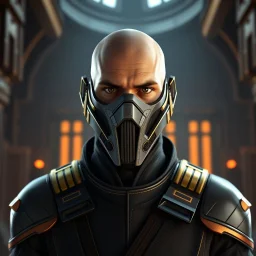 star wars bald male corellian jedi wearing gunmetal grey and black old republic armored flightsuit and breath mask with gold and metallic red trim inside the jedi temple, centered head and shoulders portrait, hyperdetailed, dynamic lighting, hyperdetailed background, 8k resolution, volumetric lighting, light skin, fully symmetric details