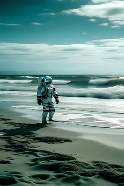 Astronaut entering the vast sea on a beach