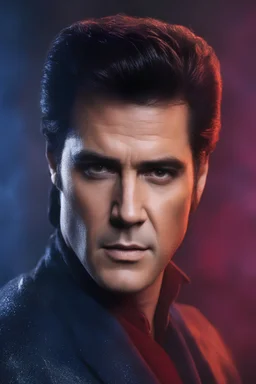 facial portrait - Elvis Mel Gibson - 32k, UHD, 1080p, 8 x 10, glossy professional quality digital photograph - dark blue and dark red, and light maroon and purple and foggy black gradated background, historic, powerful, octane rendering, exquisite detail, 30 - megapixel, 4k, 85 - mm - lens, sharp - focus, intricately - detailed, long exposure time, f8, ISO 100, shutter - speed 1125, diffuse - back - lighting, ((skin details, high detailed skin texture)), (((perfect face))),