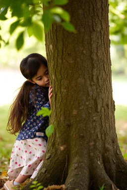 A small child hiding behind a tree and a girl try to find him while playing hide and seek