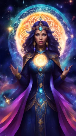 an enigmatic space sorceress conjuring celestial beings in a cosmic realm. Use rich, cosmic colors and intricate patterns to portray the sorceress's connection to the vast forces of the universe
