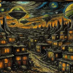 A black alien city with UFOs painted by Vincent van Gogh