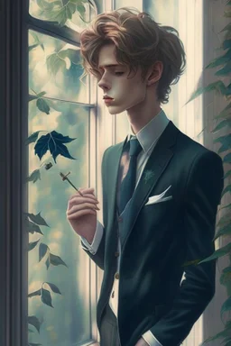 beautiful Twink boy with pretty hair. he is gay and smoking behind window while looking outdoor trees. His in a full official suit