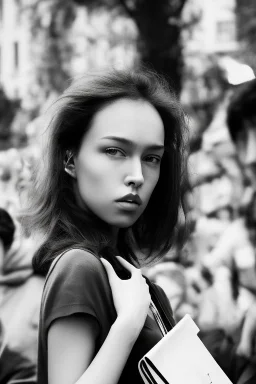 There's a crowd of people gathered in a Paris scenery between shops. They are viewed in black and white .They look emotionless. A close and personal photo of One beautiful woman who is in the middle of the crowd and she stands out from them, has striking eyes and long hair, looks up to the sky and smile. High detail, digital art. The shops in the background is painted with oil brush strokes