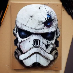 photorealistic death trooper helmet with weathered painting , illustration on coarse canvas by <agnes cecile> and <Yoji Shinkawa>, ornate and intricate details , soft smooth lighting, ultra detailed concept art,