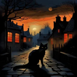 Old town at dusk with black cat painted in Grimshaw style