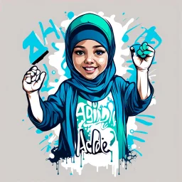 Vector t shirt art ready to print blue green light graffiti illustration of A hijab little girl Indonesia, hands up and a basecap with text "addie" On cap, white background.