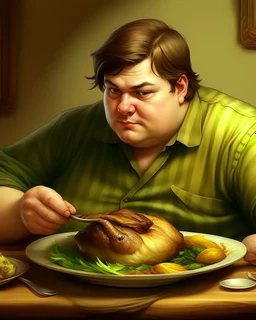 Portrait d'un jeune homme mangeant un grand poulet rôti, ultra obèse; cheveux bruns et teint blanc, porte une chemise à carreaux de couleur vert olive. HD portrait, Artstation