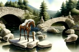 an artist with an easel sits on a stool next to a little stone bridge, he is painting. highly detailed, smooth colours. Watercolour. A horse with six legs is trying to kick him into the water