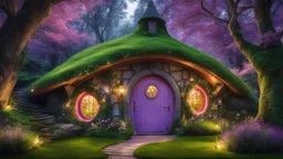 hobbit cottage in the woods surrounded by trees with fairy lights with a whimsical like feel, with pinks, blues, purple colors, circular hobbit-style door, fairy lights, circular hobbit-style windows, fairy lights, green grass roof, fairy lights, illustration